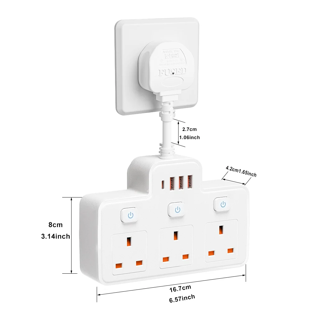UK AC Plug Power Strip Wall Mounted Independent Switch Multitap Network Filter With USB C Charging Network Filter Adapt