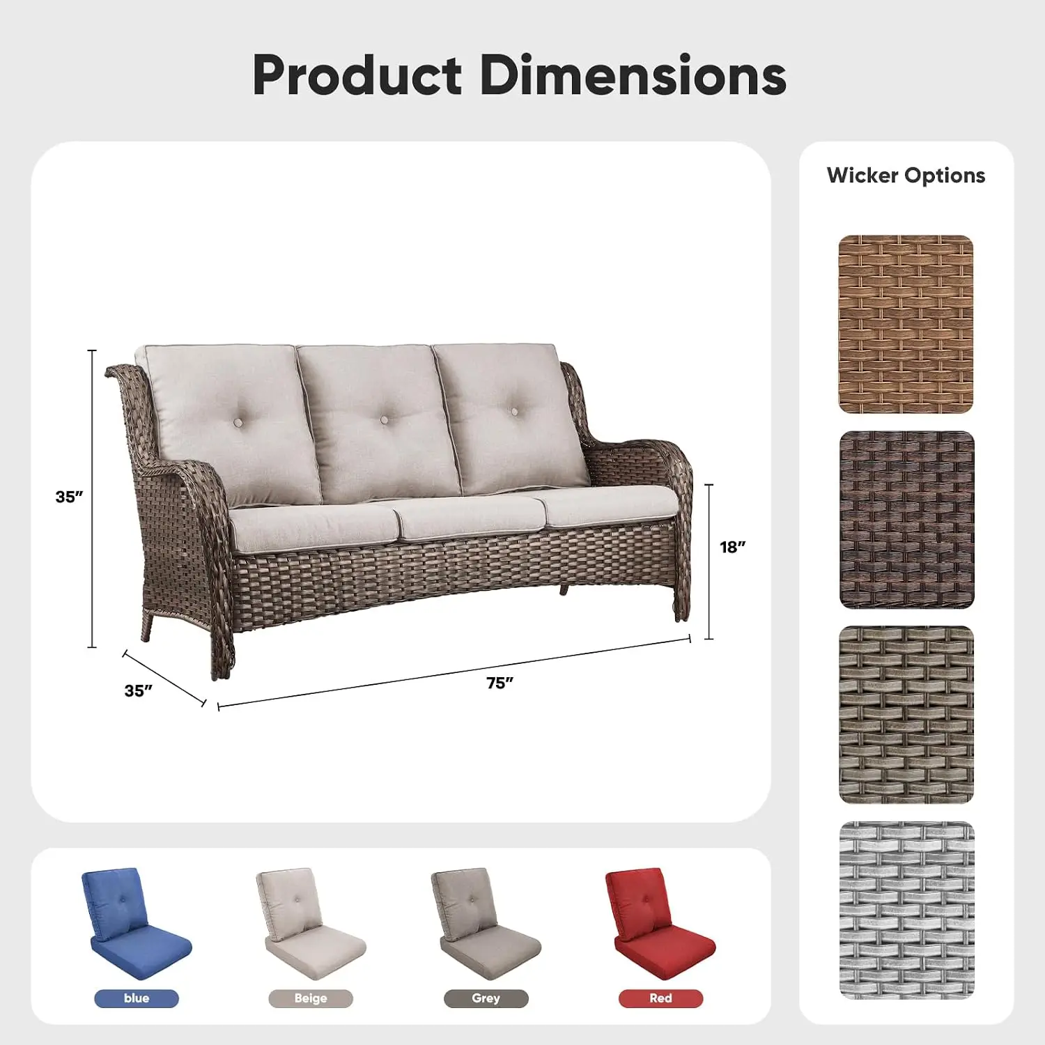Patio Sofa Luxury PE Wicker 3-Seater Outdoor Couch, Modern All-Weather High Back Deep Seat Woven Furniture Set for Porch, Deck,