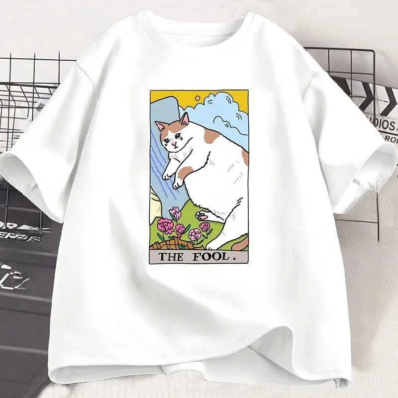 Sad Cat Meme The Fool Tarot T-Shirt Men Women Witchy Clothing Crying Cat T Shirt Casual T-shirts Streetwear Clothing
