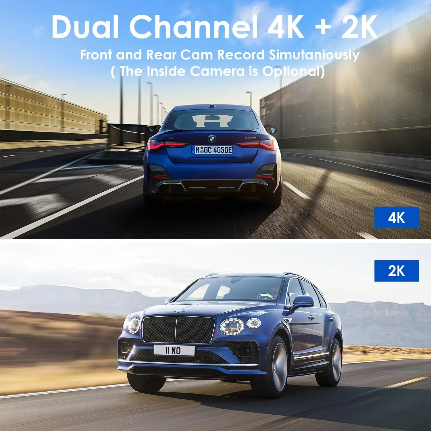 كاميرا داش 4K ذات 3 قنوات مع نظام تحديد المواقع العالمي (GPS)، رؤية ليلية، وضع ركن السيارة، تتضمن بطاقة TF