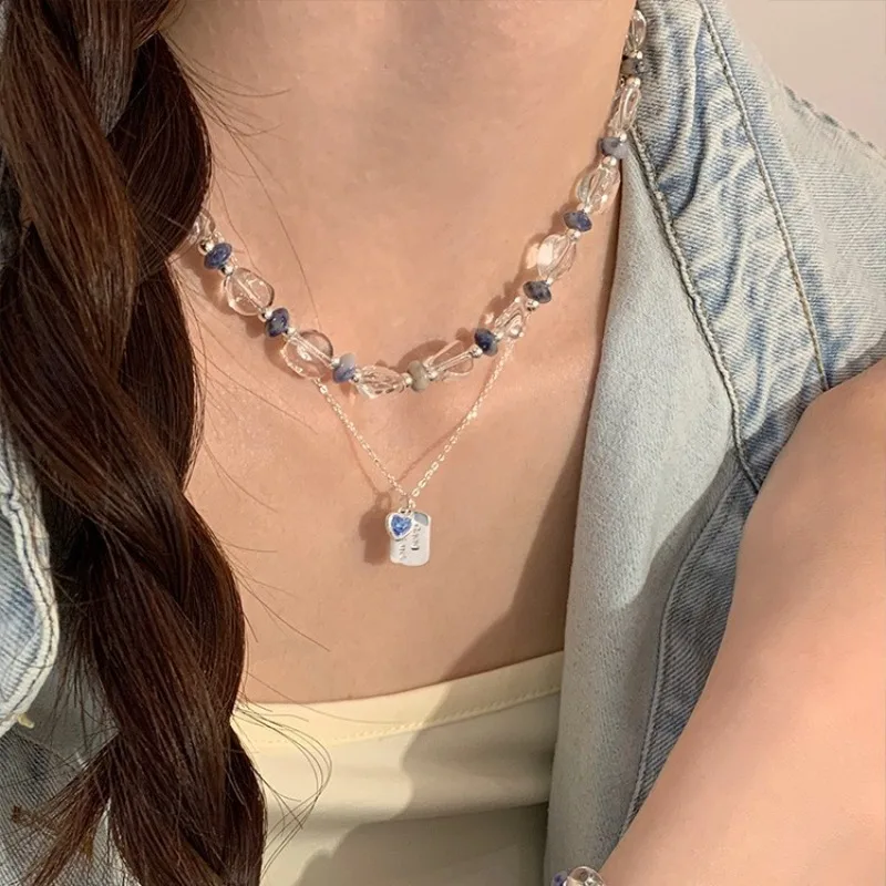 

S925 Sterling Silver Blue Love Heart Square Letter Pendant Necklaces for Women Fine Jewelry Light Luxury Minimalist Accessories