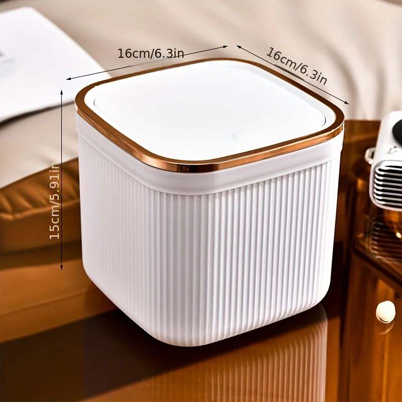 Square Press Type Mini Trash Can Quiet Close Elegant Ribbed Design with Golden Accents Plastic Desktop Bin Bathroom Home Use