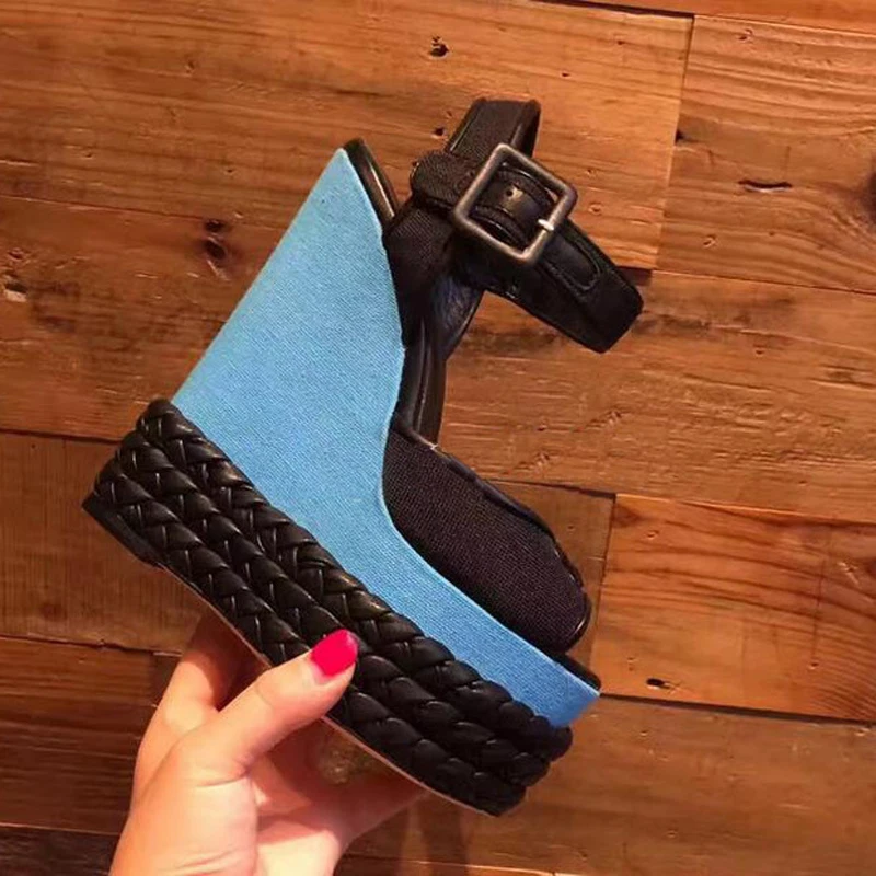 

New Plait Braided Super High Wedge Heel Platform Sandals Peep Toe Buckle Strap Patchwork Shoes Gladiator Vacation Sandalia