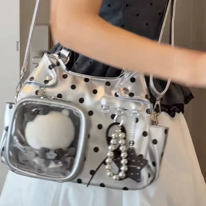 Polka Dot Ita Bag mit transparentem Sichtfenster, Damen-Umhängetasche, japanische Mädchen-Handtasche mit süßer Schleifendekoration. – Detail 12