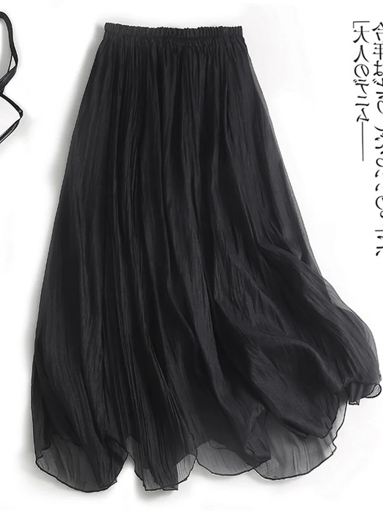 Falda Midi acampanada de cintura alta para mujer, falda larga de lino de doble capa, falda artística de lino y algodón para el cuerpo, Color puro para ir al trabajo