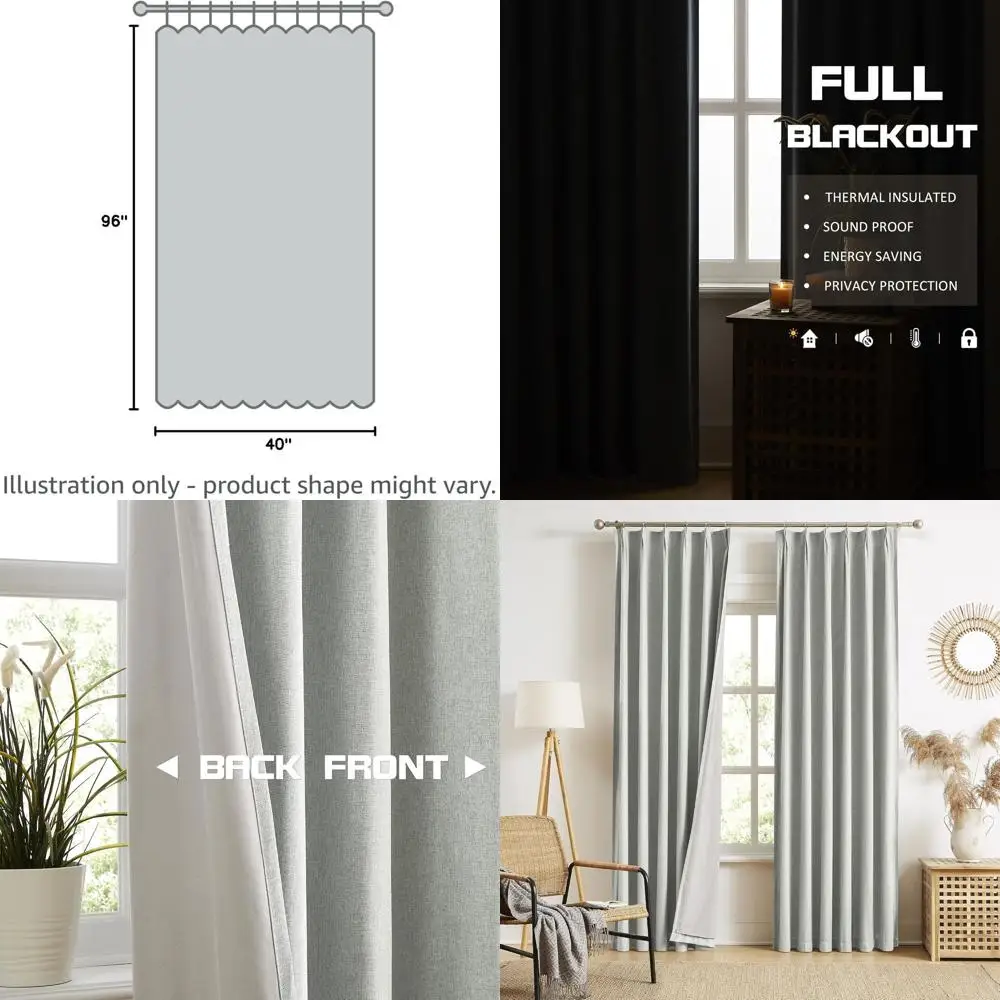 

Льняные шторы с изоляцией из смесовой ткани, серые, с защипами, 40 x 96 дюймов, 2 панели для гостиной и спальни