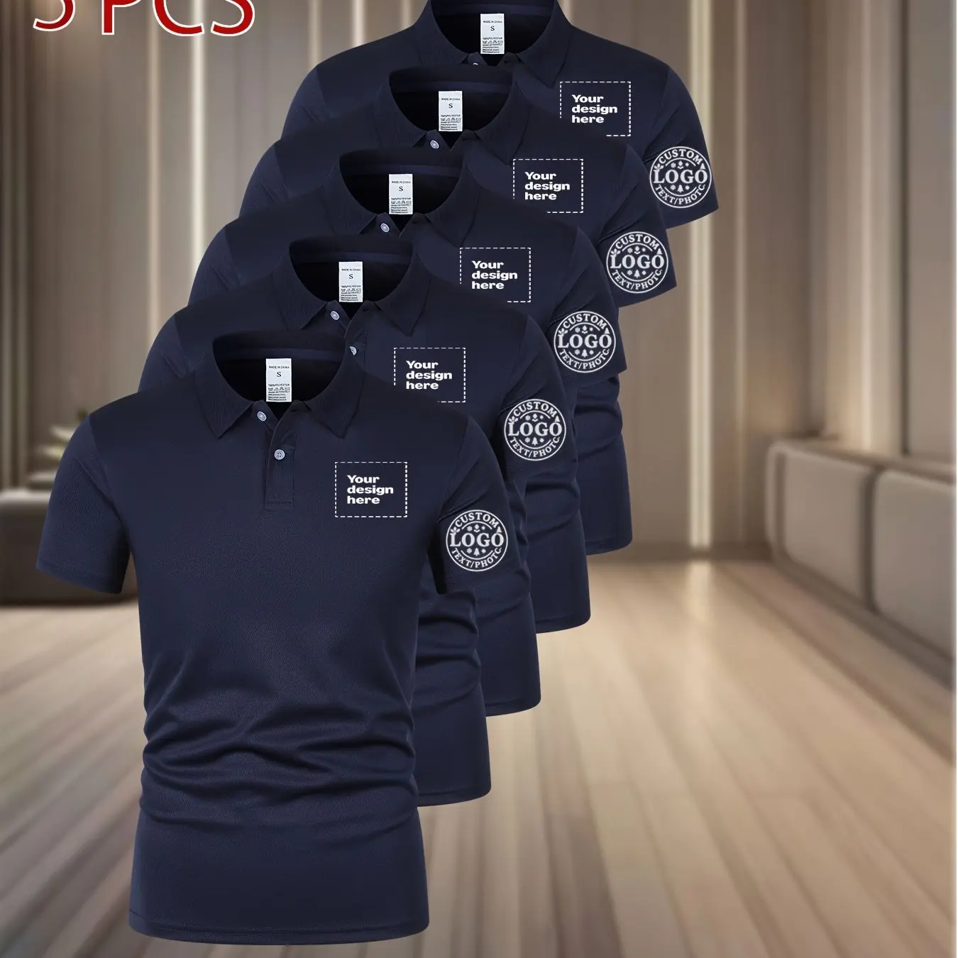 [Set of 5] Men's Custom Breathable Polo Shirts, perfect for personal DIY clothing, golf wear, and holiday gifts