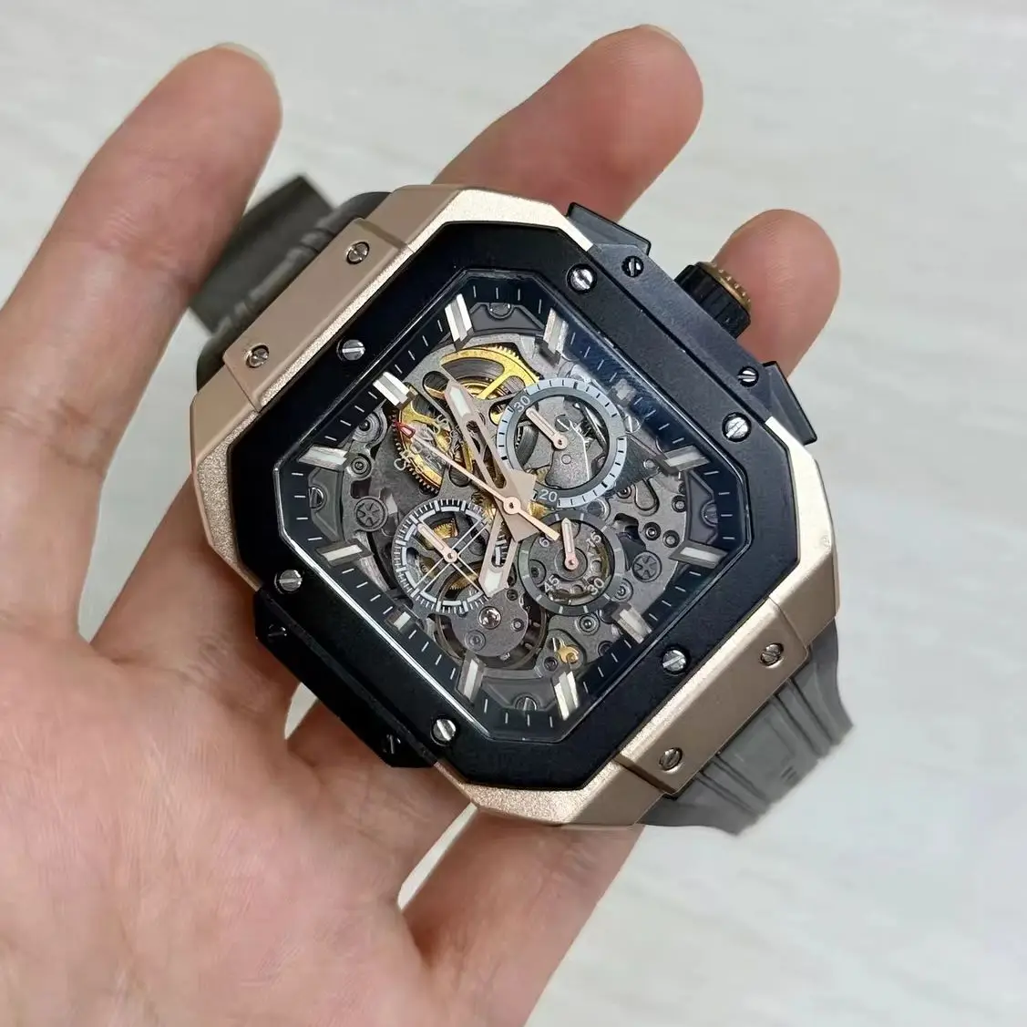 CRONUSART Men Chronograph Watch 45mm Square Automatic Mechanical Wristwatch Luminous Skeleton Dial Fluororubber Strap Sapphire