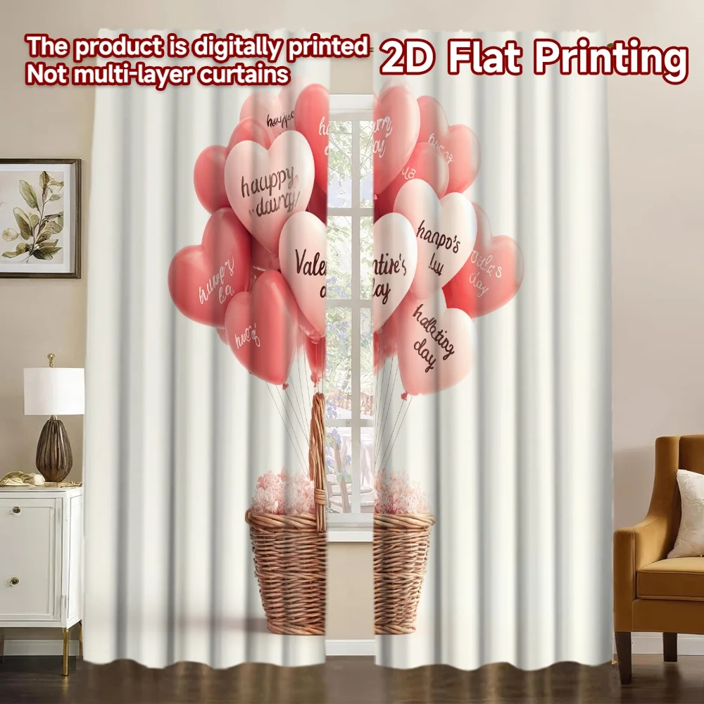 2D FLAT PRINTING 2pcs Curtains (Without Rod) Valentine's Day Heart Balloon Minimalist Chic Curtains Prints Light Filtering