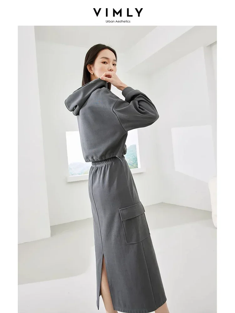 Vimly Gray Womens 2 Piece Outfit Set Cropped Hooded Sweatshirts Elastic Wais Split Skirts 2024 Spring Casual Matching Sets M3971