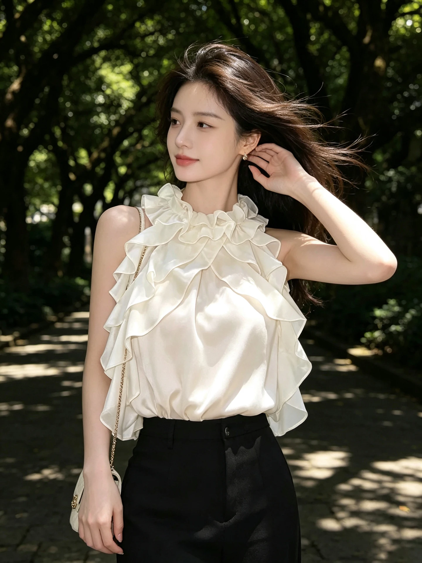 

White Lace-Edged Sleeveless Neck Hanging Chiffon Top Women's Pure Desire Shoulder Exposure Summer Shirt Korean Style Loose Fit