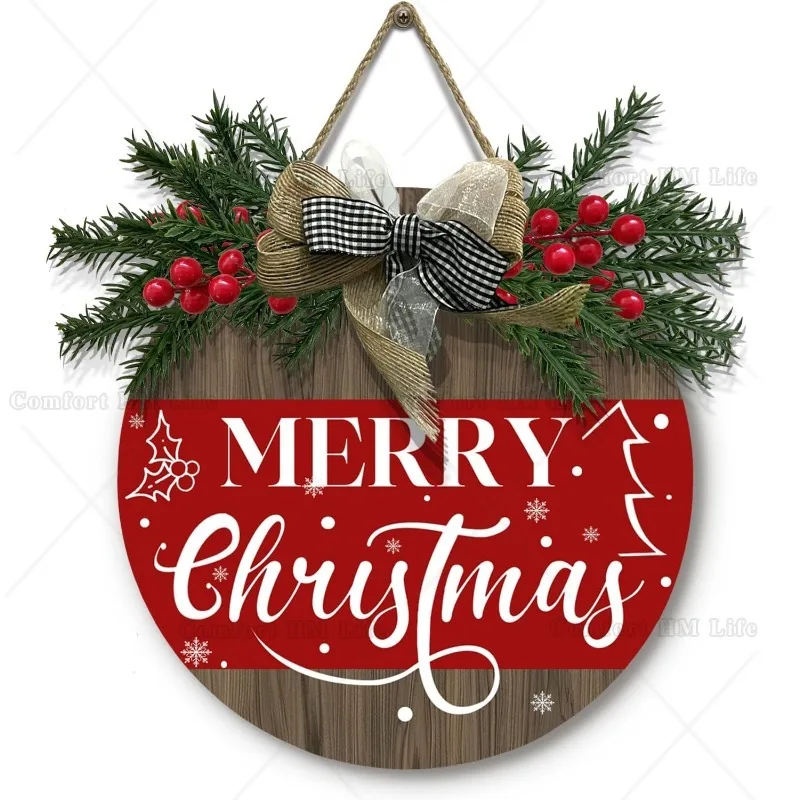 Merry Christmas Door Hanger Wooden Christmas Welcome Wreath Door Sign for Front Door Winter Xmas Holiday Outdoor Hanging Sign