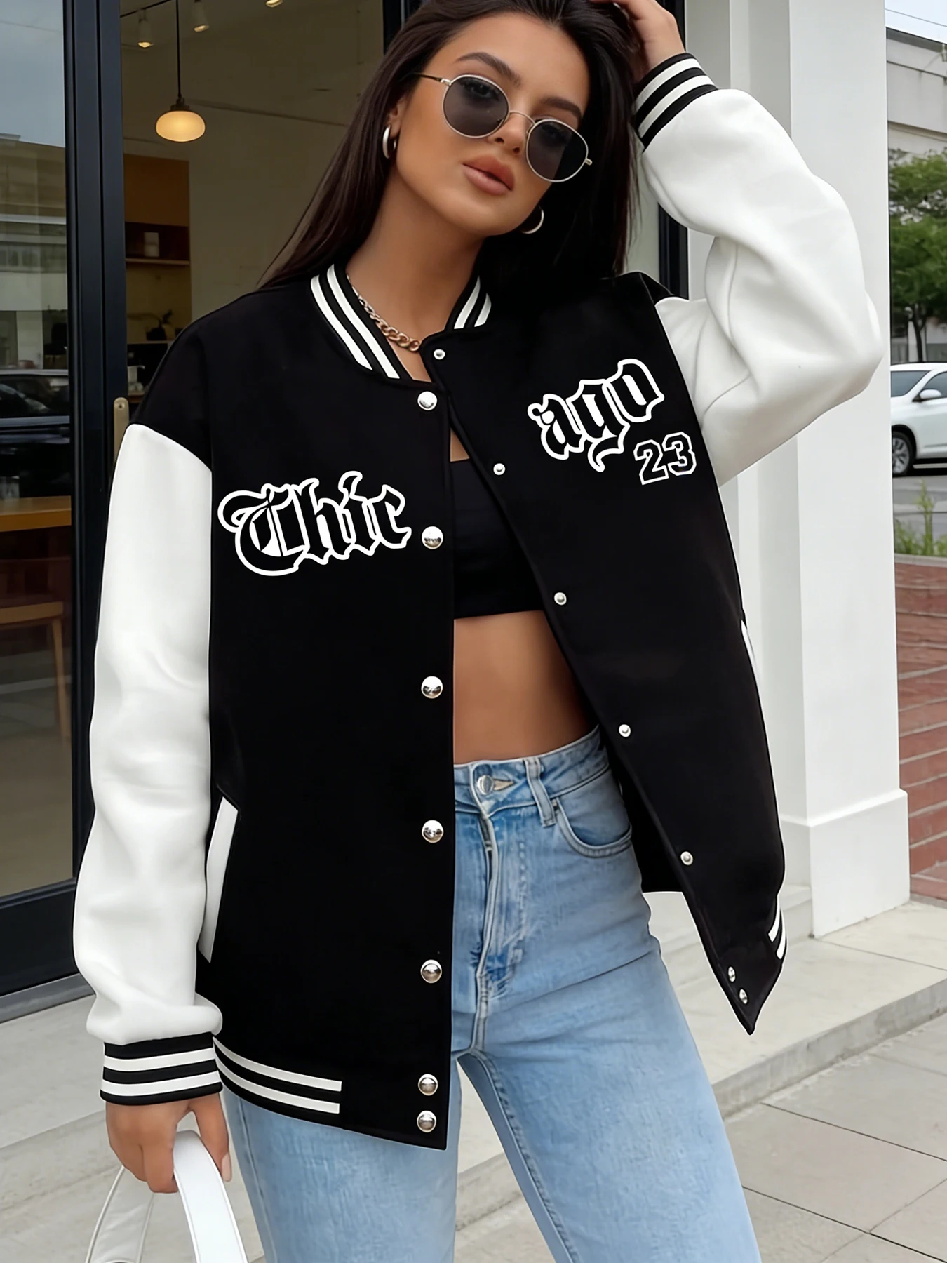 Chaqueta de béisbol de gran tamaño para mujer, abrigo universitario informal con estampado de números "Thie" y 23, ropa de calle de moda, chaqueta holgada de moda
