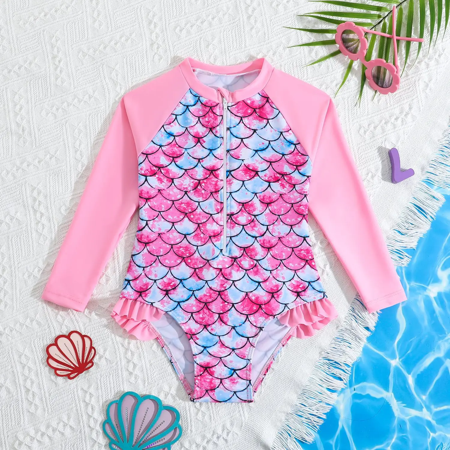 Summer Girls One-piece Swimsuit Kids Cute Cartoon Fish Scale Print Long Sleeve Zipper Quick-Dry Swimwear Baby Bathing Costume