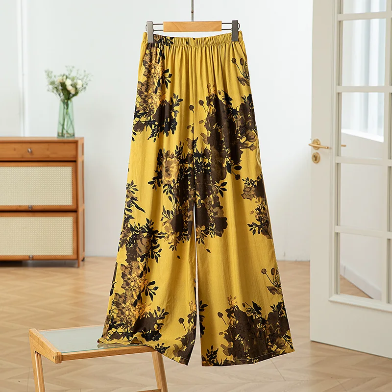 Cotton Rayon Sleepwear For Women Summer Double Pockets Wide Legs Pant Spring Autumn Home Pants Outdoor Wear Pajamas Trousers