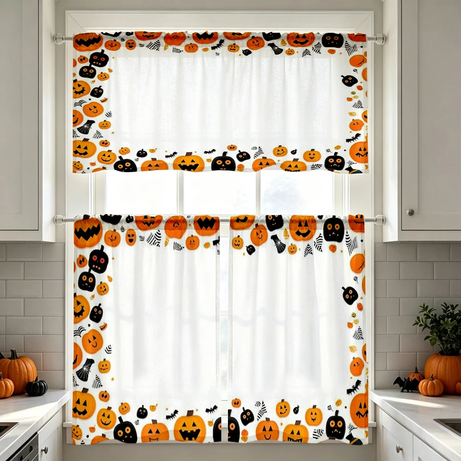 Halloween Fall Kitchen Curtains, Pumpkin Bat Border, Digital Print, Kitchen Dining Room, Rod Pocket Polyester, Home Decor