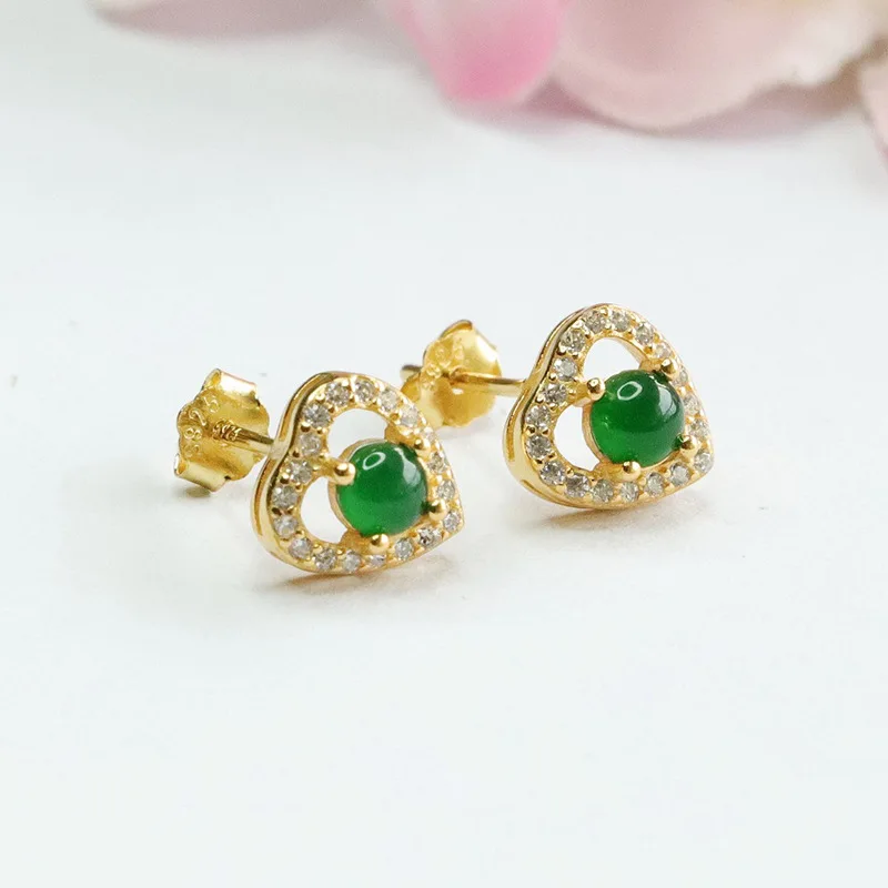 

S925 silver inlaid natural jadeite stud earrings ice king green love earrings
