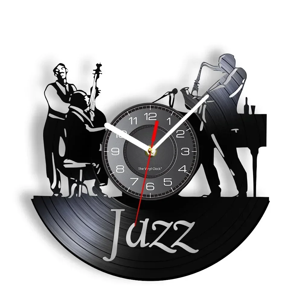 Musicians Jazz Band Wall Clock Men Play The Cellos Sax Jazz Band Instruments Vinyl Record Wall Clock Bedroom Living Room Decor