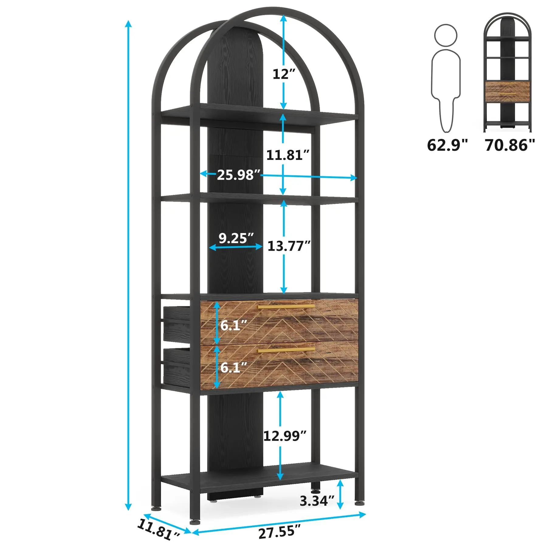 Tribesigns 4-Tier Bookshelf with 2 Drawers, Industrial Open Book Shelf Arched Bookcase, 70.8