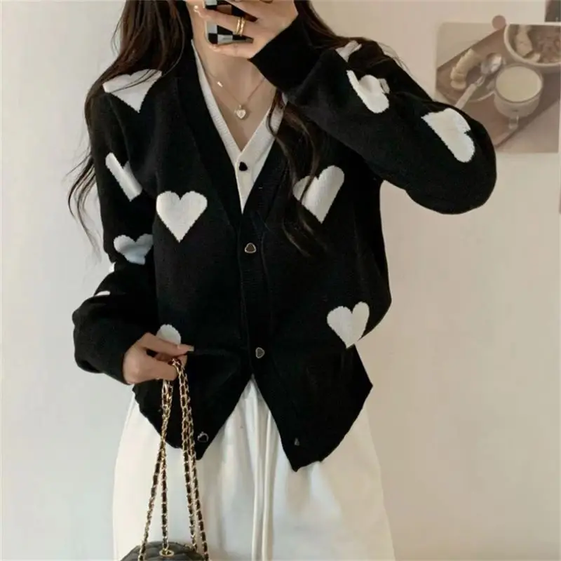 2024 Knitted Cropped Cardigan For Women Love Pattern Sweaters Autumn Winter V Neck Korean Japanese Short Women\'s Sweater Jackets