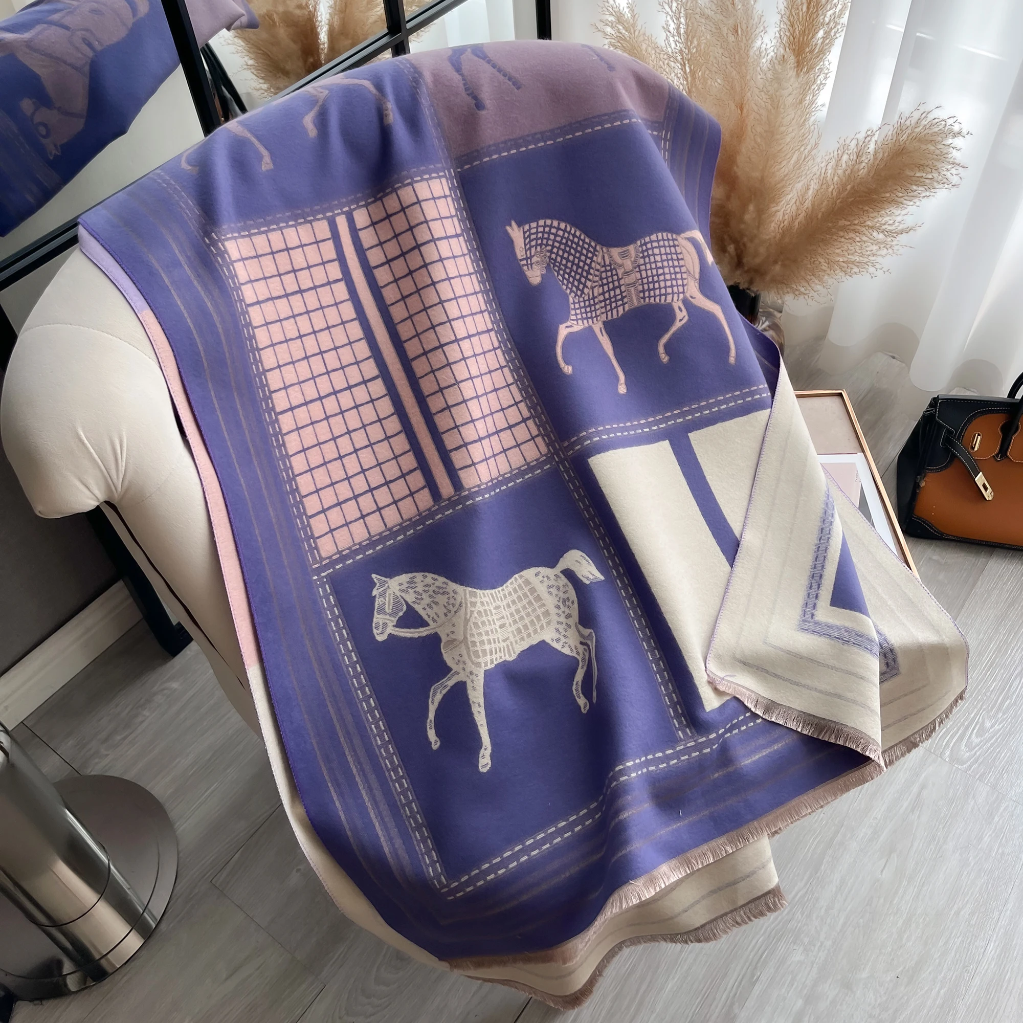 Marke Pferd Druck Schal Pashmina Kaschmir Reise Decke Schal Komfortable Wrap Schal Herbst Winter Elegante Kältebeständig Warme Narbe – Detail 9