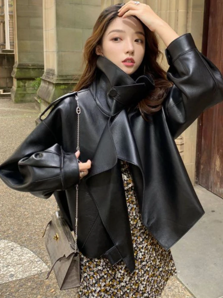 Fried Street Motorcycle Leather Clothes Women\'s New Korean Large Lapel Loose Short PU Black Jacket In Autumn 2022