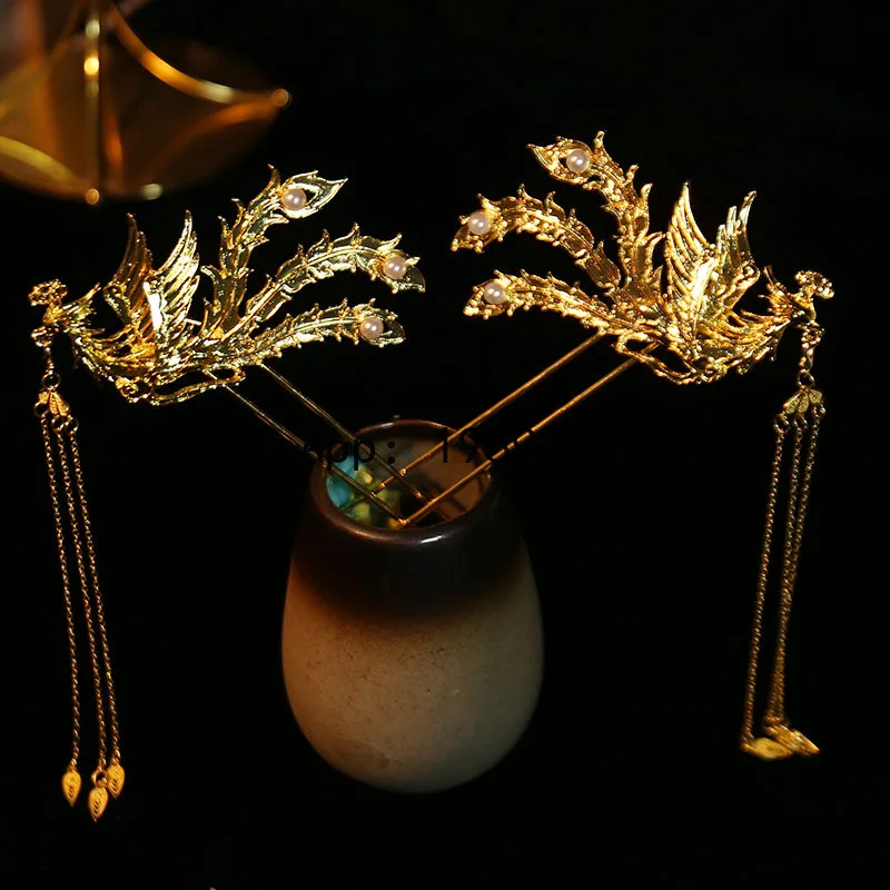 FS antique bridal hair accessories, the whole set of phoenix crown Hanfu, Zhengfeng three-dimensional gold silk