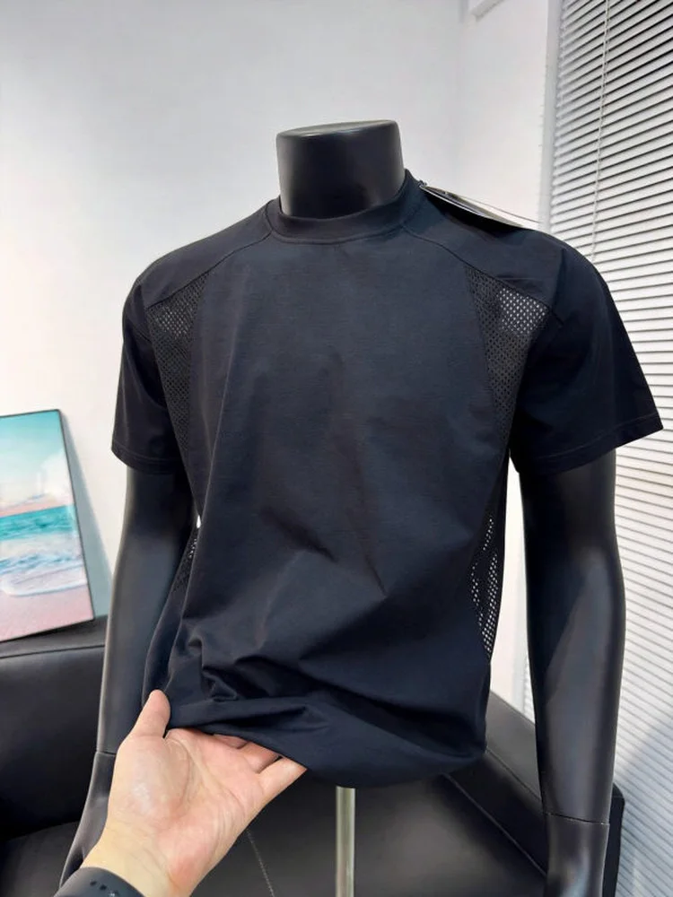 Quick Dry White Splice Mesh Short Sleeve Men's Cool Feeling Ice Silk Breathable American Deconstructed Half Sleeve Shoulder T...