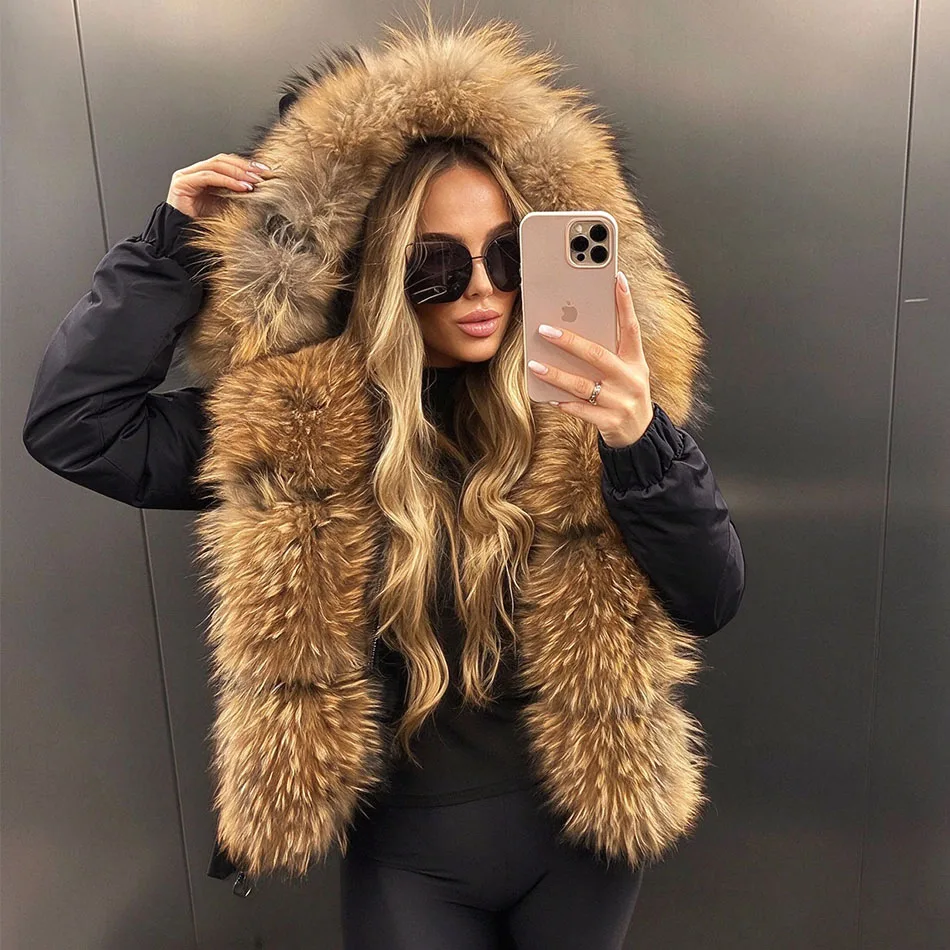 MAOMAOKONG Women's Winter Real Fox Fur Parka Bomber Jacket Slim Fit Big Fur Collar Natural Raccoon Short Coat