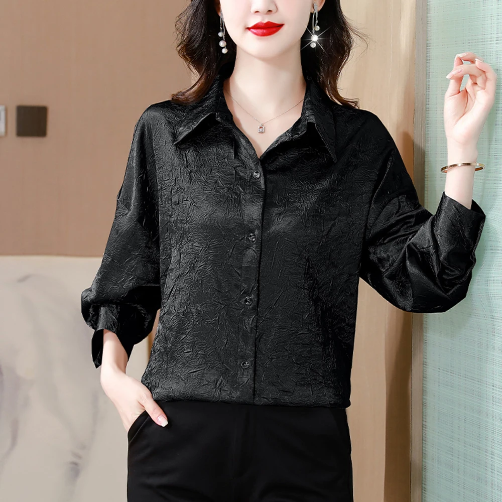 Elegant Chic Folds Shirts For Women Long Sleeve Korean Fashion Casual Loose Outwear Women Blouses 2024 Office Lady Basic Tops