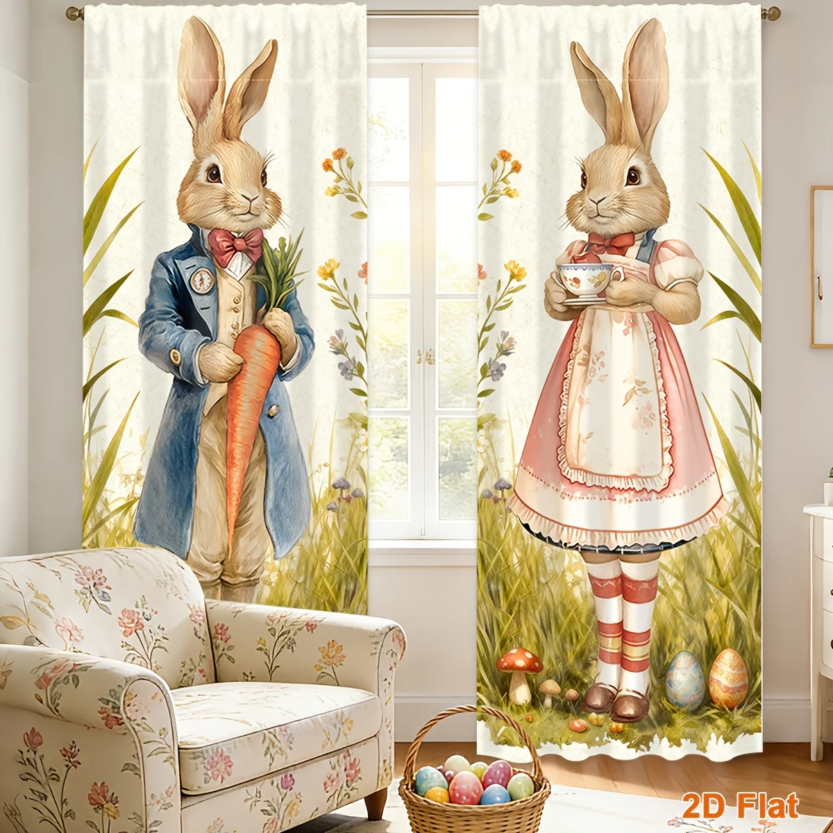 Pair of Whimsical Bunny Woodland Rabbit Storybook Curtain Drapes Cottagecore Printed Window Panels 2pcs Home Decor