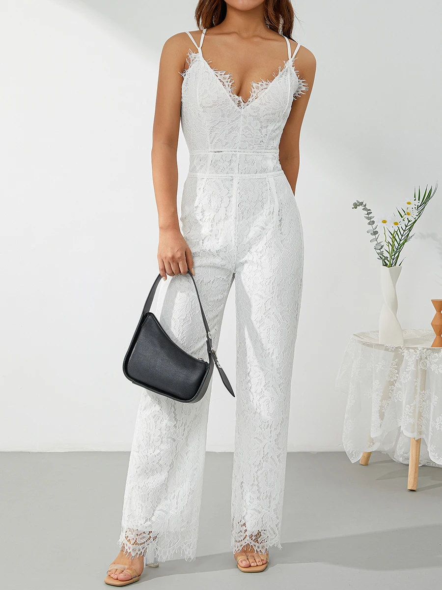 

Women Solid Color Sexy Lace Sleeveless Backless Rompers See Through Mesh Hollow Out Ruffle Long Pants Bodycon Jumpsuit Clubwear