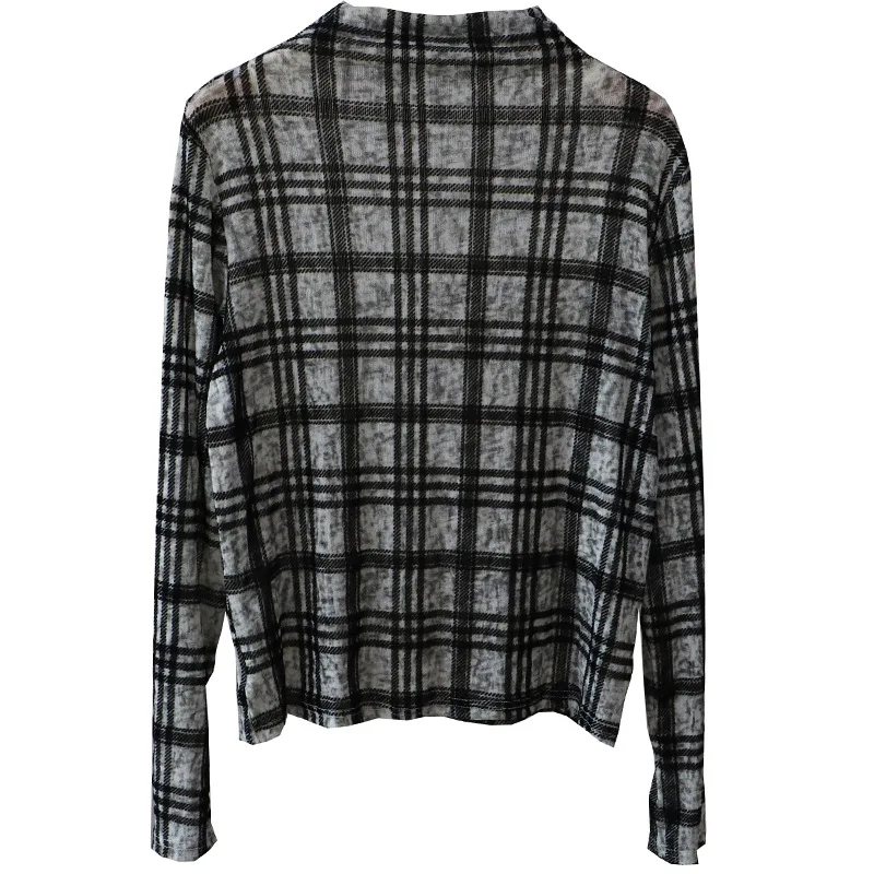 Retro Plaid Long Sve T-irt Women's Autumn New Sle Ele Versatile Slimming Elastic Me Top High Collar Base Layer P...