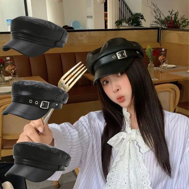 

Pu Leather British Style Berets Visor Flat Top Hat Retro Black Painter Hat Classic Versatile Adjustable Beret Octagonal Cap