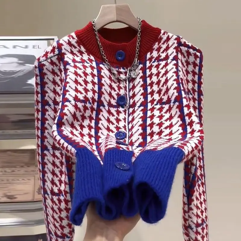 

Trendy Houndstooth Design O-neck Sweater Women Knit Cardigan Autumn Winter New Patchwork Knit Jacket Tops Cardigans Mujer Chic
