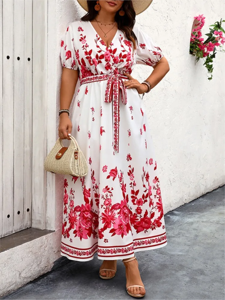 Plus Size Summer New V-Neck Long Dress Women Flower Floral Modis Lantern Sleeve Ladies Dresses Loose Ruffle Pleated Woman Dress