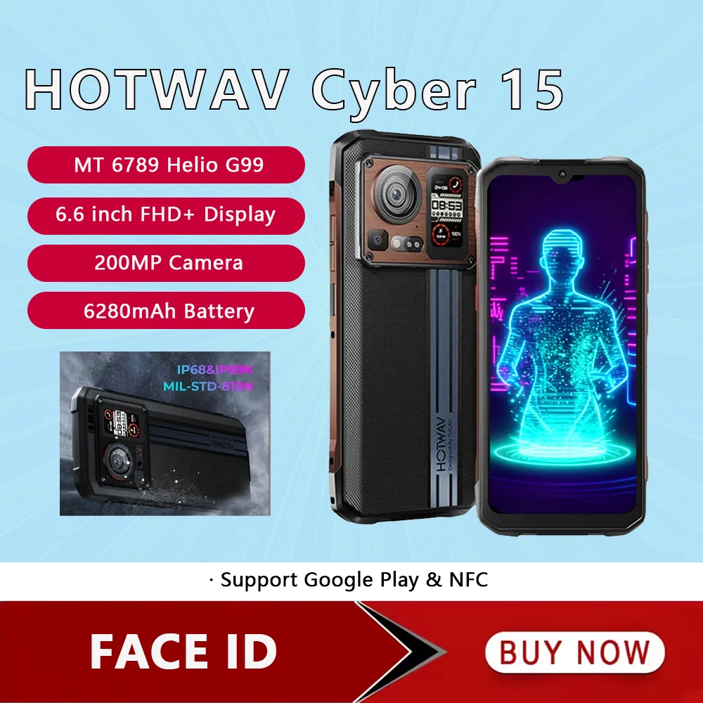 HOTWAV Cyber 15 Rugged Smartphone Android Ultra-thn Phone 200MP Camera PixSmart G99 6.6'' FHD 120Hz 12GB 256GB 4G Smartphone NFC