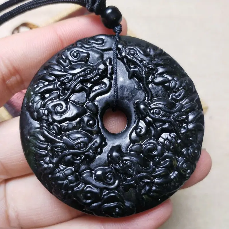 Dark Green Jade Kowloon Protector Safety Buckle Double-sided Engraved Pendant