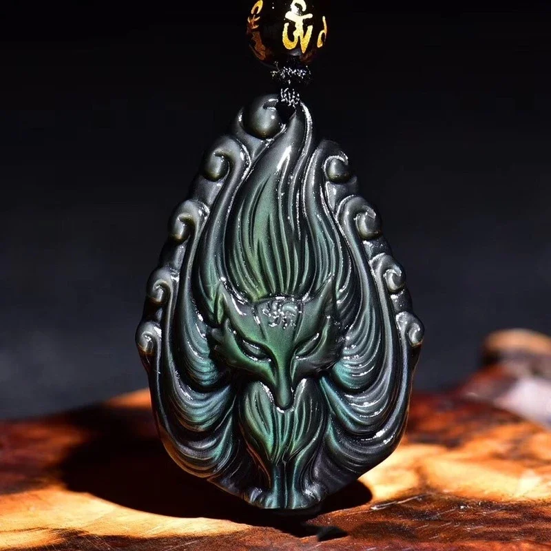 Natural Rainbow Obsidian Hand-carved Nine-tailed Fox Pendant Fashion Boutique Jewelry Men and Women Fox Necklace Gift