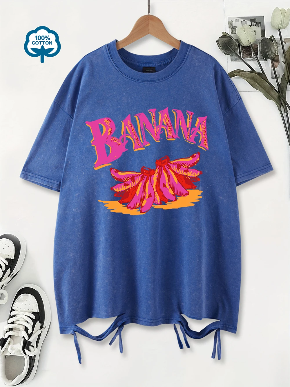 

Fruit Banana Printing Washed T-Shirt Women Cotton Oversize Streetwear O-Neck Comfortable Distressed Tops Summer Casual Clothes