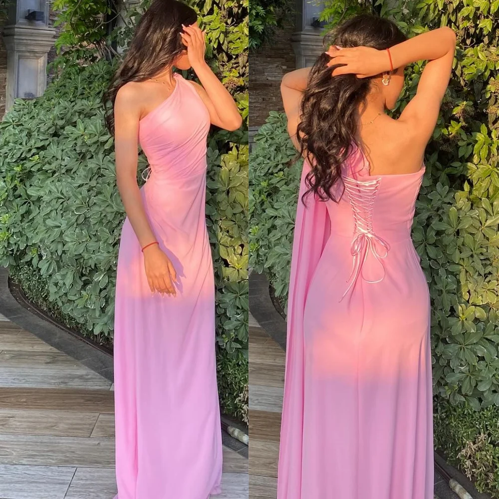 

Customized Classic One Shoulder Sleeveless Evening Dress Delicate Chiffon Prom Dresses Temperament Lace Up Back Party Gowns