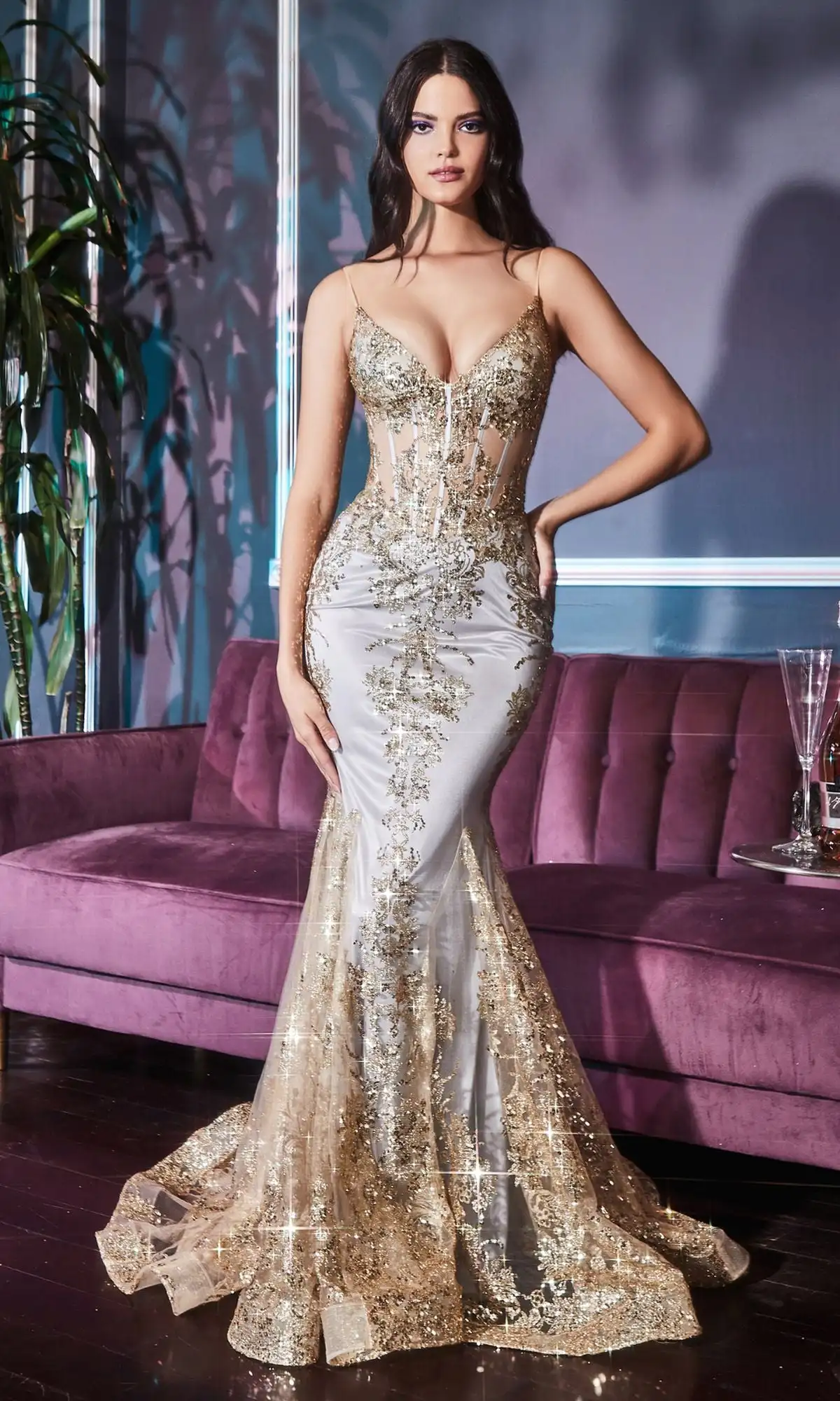 Sequined, Spaghetti-Strap, Metallic Lace Long Fishtail Prom Gown — Alluring V-Neck, Flared Skirt, Tulle Evening Party Dress