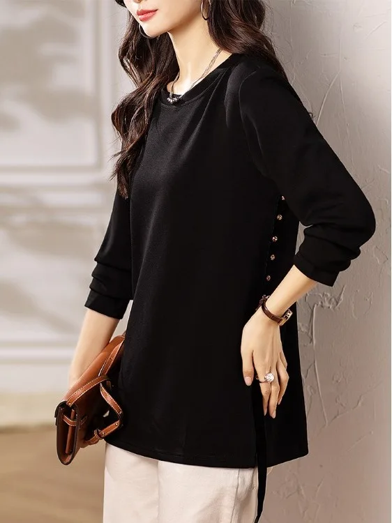 

Bla Rhinestone Design, свободный крой, длинный све, круглый свитшот Ne, весна 2026, новый женский повседневный универсальный топ больших размеров