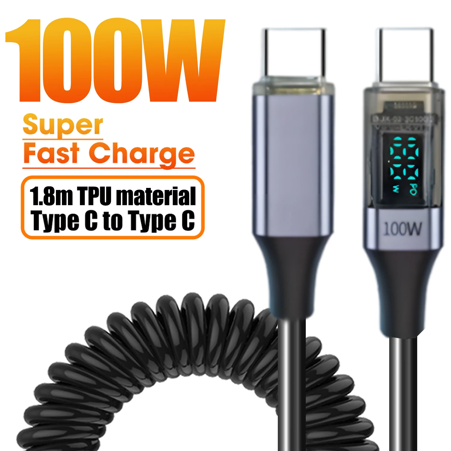 USB Type C To Type-C Spring Fast Charging Cable PD 100W Double USB C Digital Display Spiral Data Cord For iPhone 16 Samsung Mi