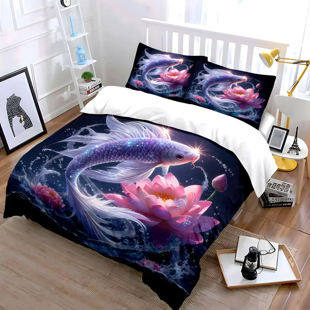 3pcs Vibrant koi leaping with lotus Duvet Cover Set with 3D Printing Design Soft Polyester Bedding Set All-Season Comfort