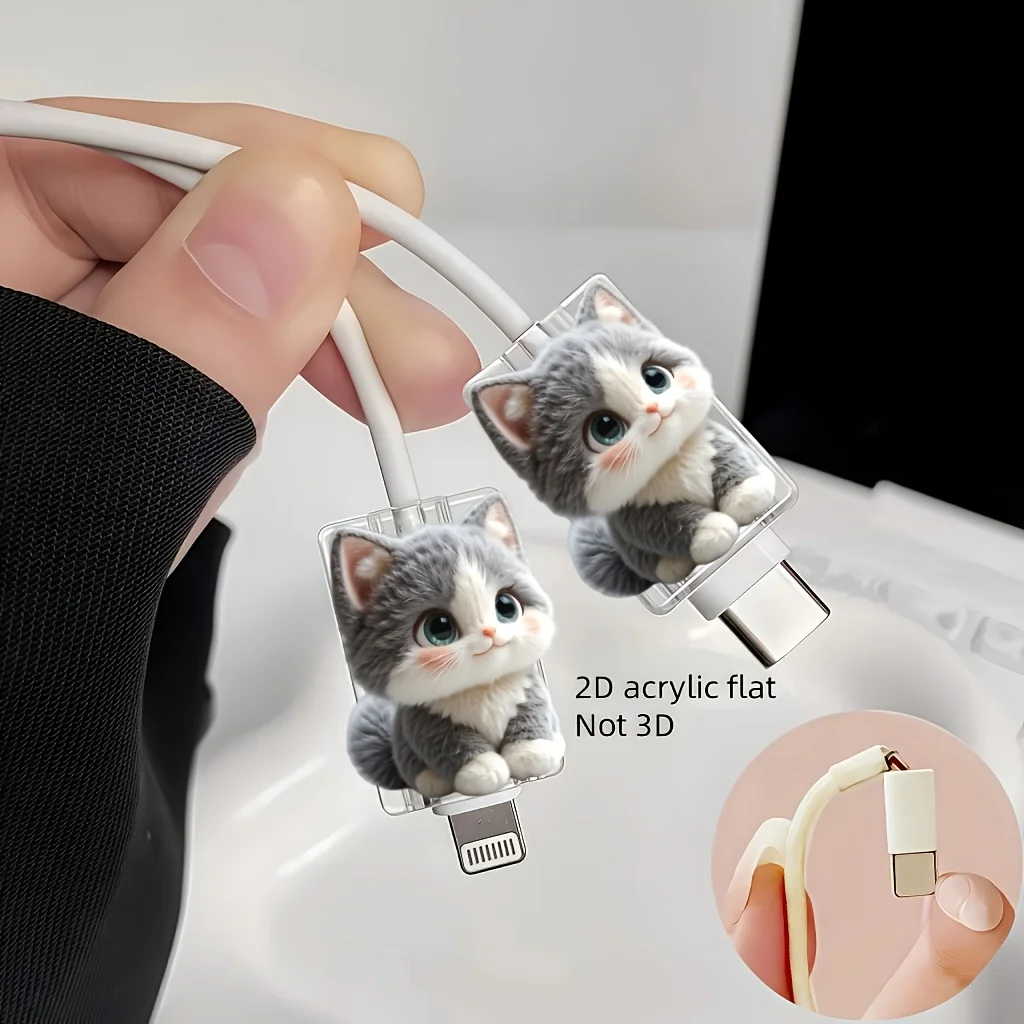 2-Pack of Cute 2D Cat Data Cable Protectors, Suitable for Type-C and Lightning Interfaces—Durable Anti-Break Plastic Charging/Sync Cable Protectors, Adorable Design Suitable for Tablets and Phones, Perfect Gift for Christmas Travel and Pet Lovers, 2D Flat Version