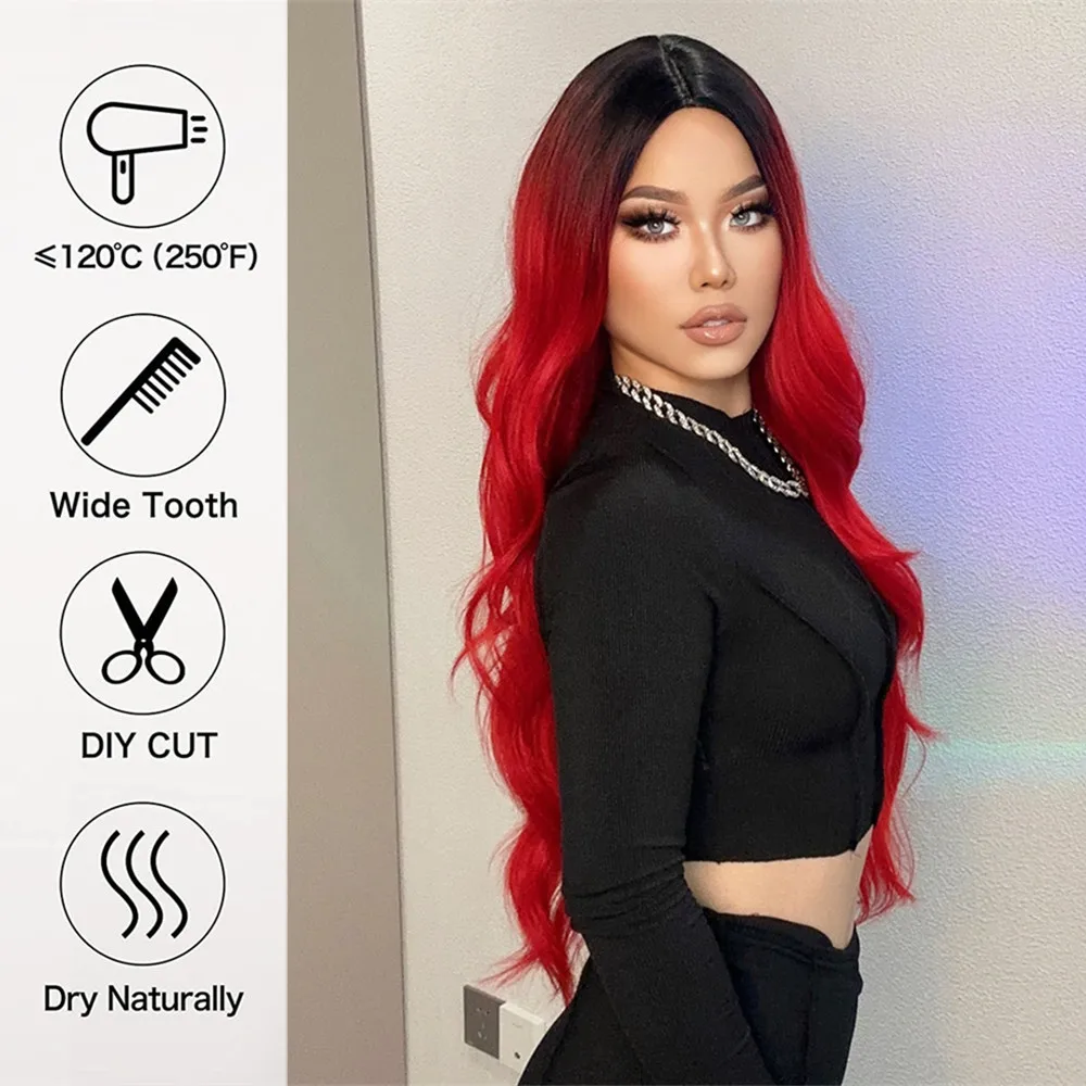 ALAN EATON Long Ombre Red Body Wavy Wig Natural Hairline Middle Part Hair Red Wigs with Bangs Dark Roots Red Cosplay Party Wig