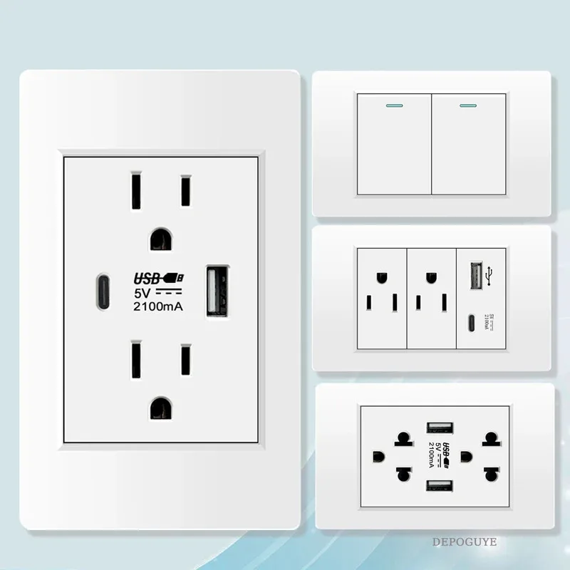

Американская стандартная настенная розетка типа C с двумя USB-портами, панель с выключателем света, двойная мексиканская розетка 15А с USB-зарядкой