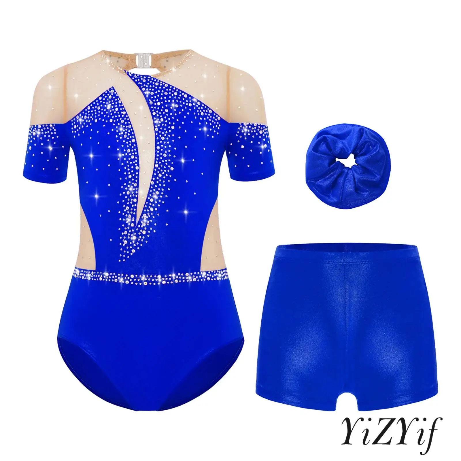 

‌Children Girls Dance Patchwork Leotard Outfits with Shorts and Hairband Shiny Rhinestones for Figure Skating Gymnastics Wear