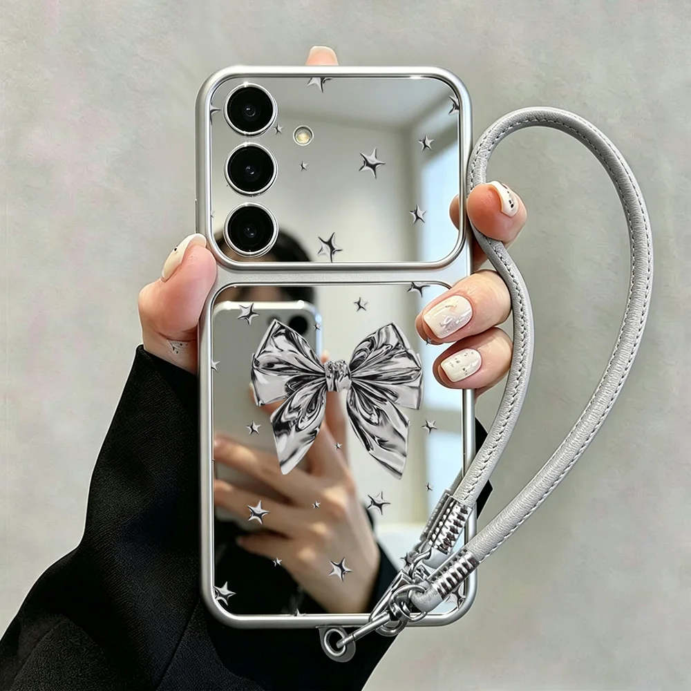 Silver Bowknot Phone Case For Samsung S25 S24 S23 S26 Ultra A56 5G A57 A37 A55 A54 A53 A36 A26 A17 A16 Mirror Cover With Lanyard